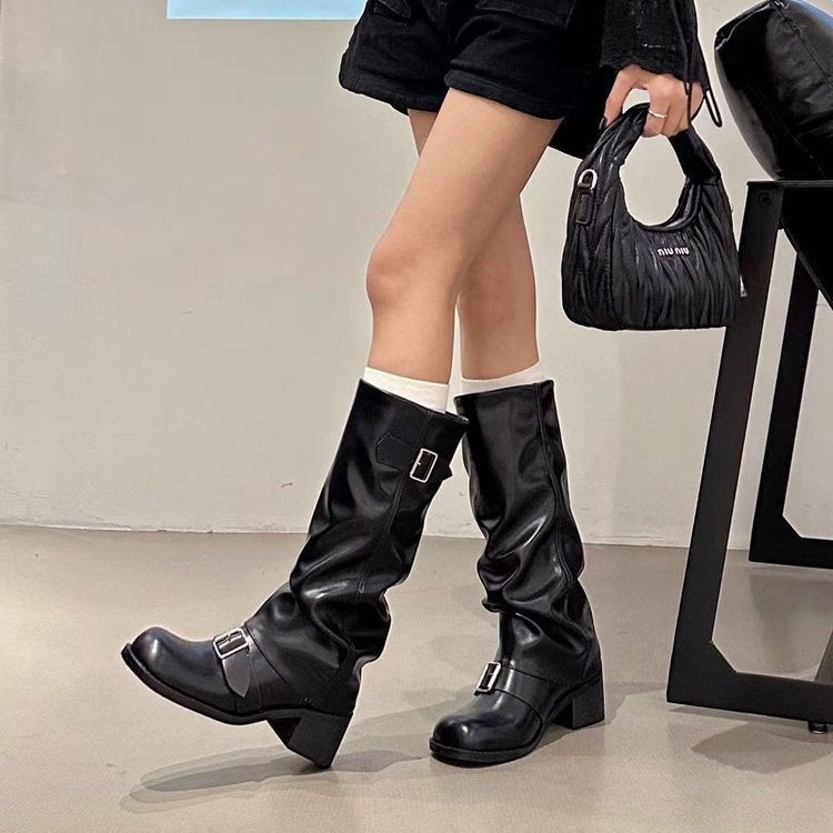 Bootara Women's Harper Slouch Boots – Chunky Heel Buckle Knee-High Boots (US 4–10.5)
