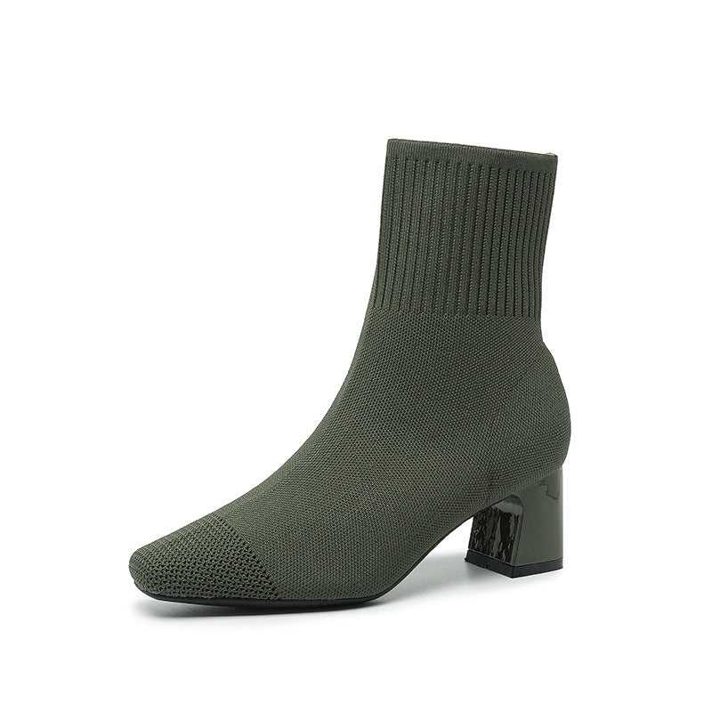 Women's stretch knit mid-calf sock boots with chunky heel