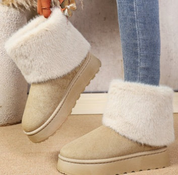 Women's fold over furry cuff platform suede snow boots