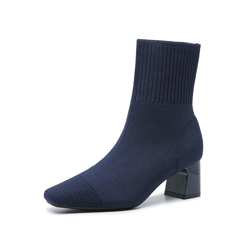 Women's stretch knit mid-calf sock boots with chunky heel