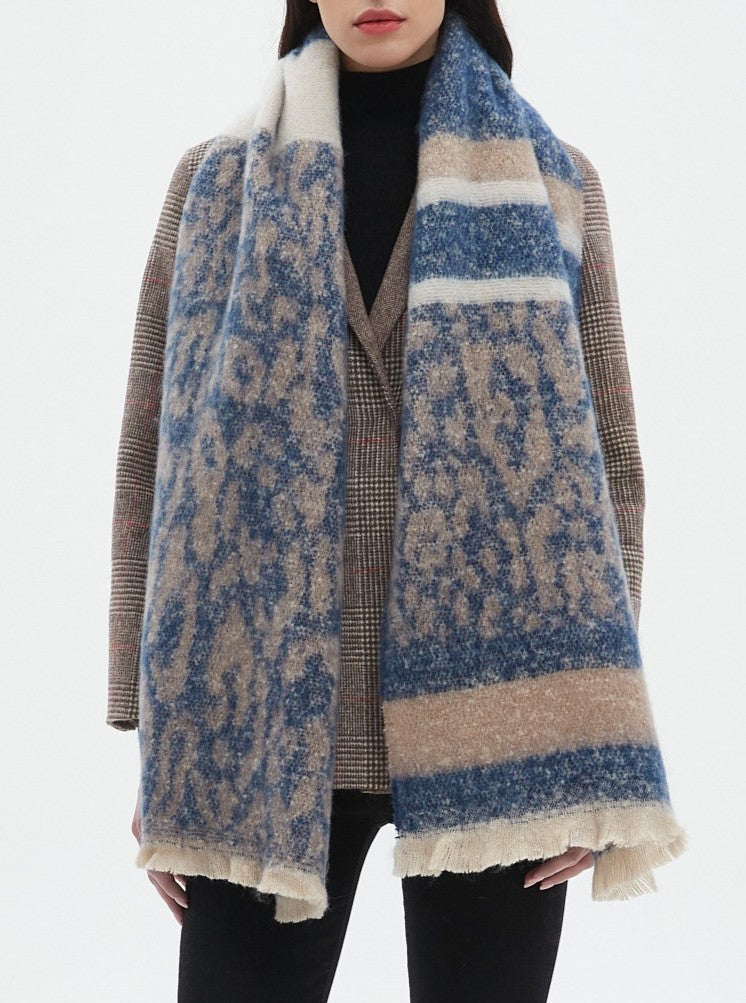 Leopard Panel Striped Fringed Blanket Scarf