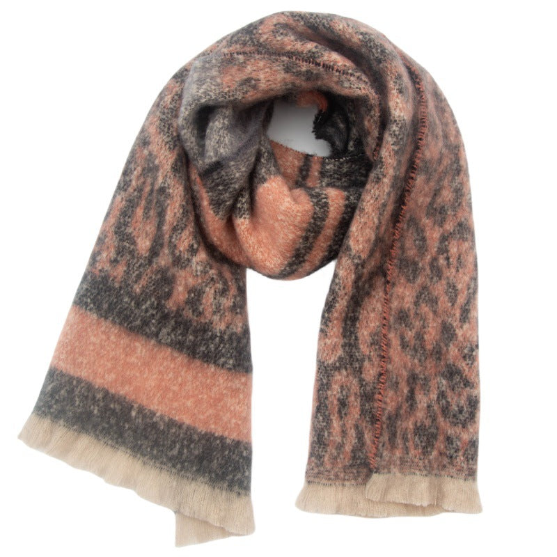Leopard Panel Striped Fringed Blanket Scarf