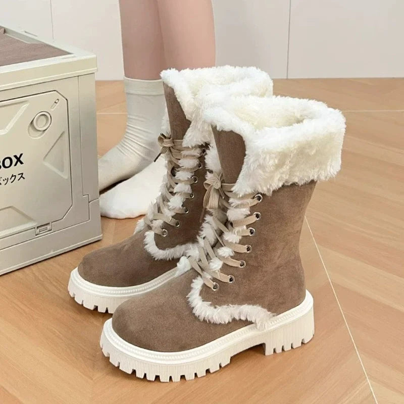 Bootara Winter New Women's Velvet Mid-Tube Cotton Boots with Thickened Lining and Height-Enhancing Design