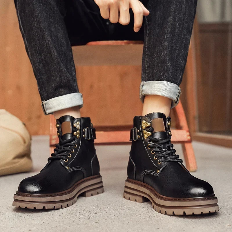 Men's Genuine Leather Snow Boots - Plush-Lined Ankle Boots