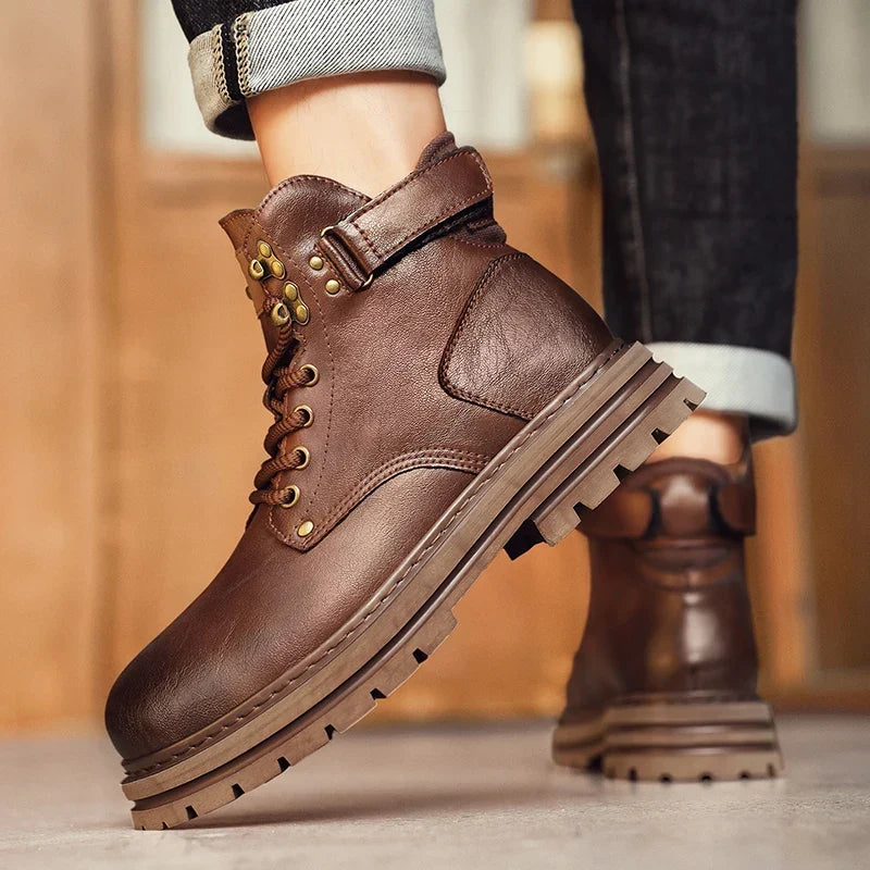 Men's Genuine Leather Snow Boots - Plush-Lined Ankle Boots
