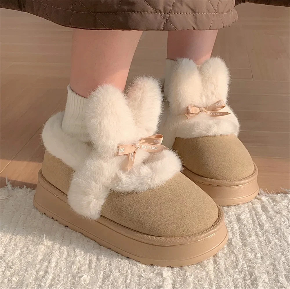 Women's Bowknot Snow Boots - Thick Platform Ankle Boots, Fur Warm