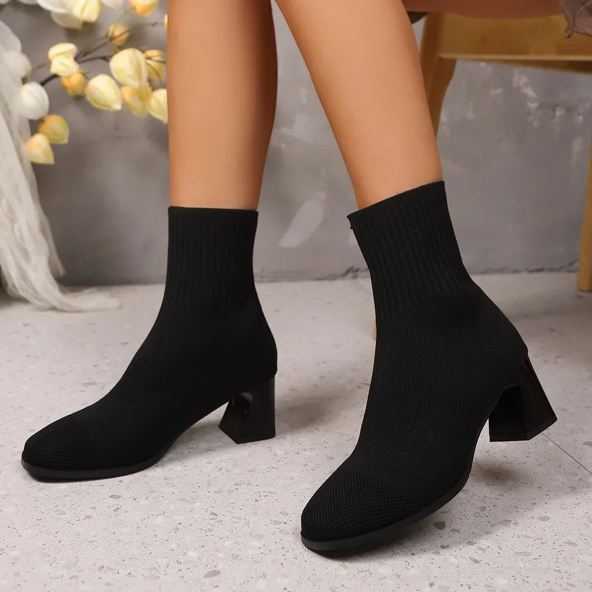 Knitted Sock Ankle Boots with Square Heels