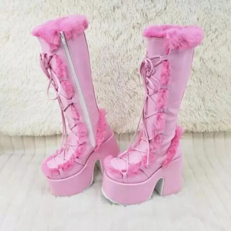 Women's mid-calf lace-up wedge boots with faux-fur trim