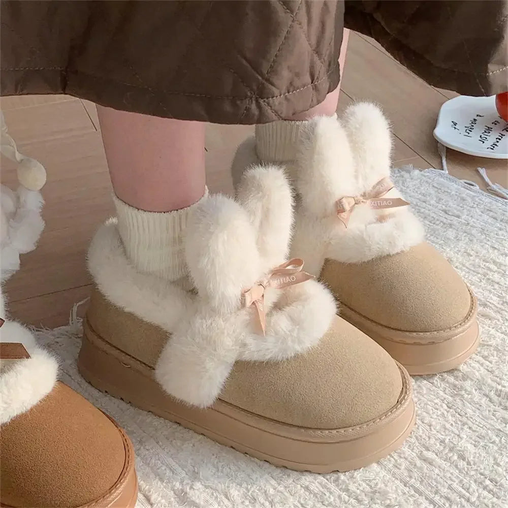 Women's Bowknot Snow Boots - Thick Platform Ankle Boots, Fur Warm
