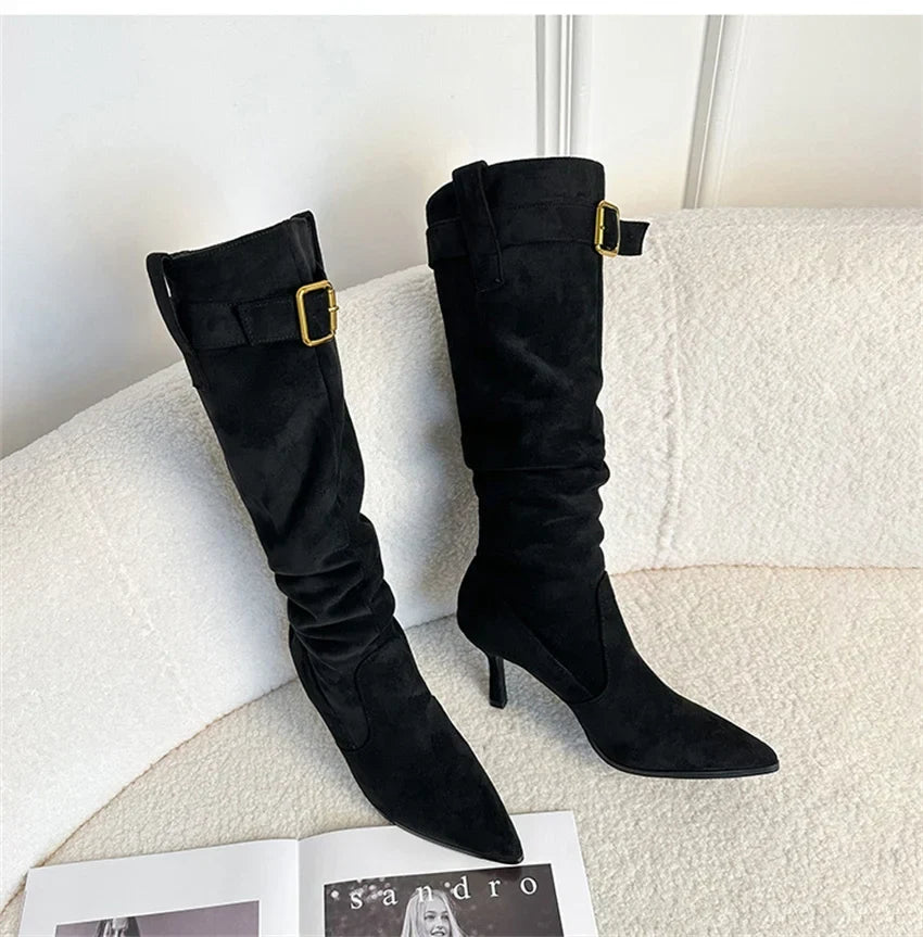 Women's slouchy knee-high boots with pointed toe and buckle