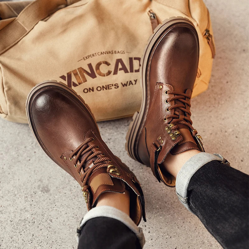 Men's Genuine Leather Snow Boots - Plush-Lined Ankle Boots