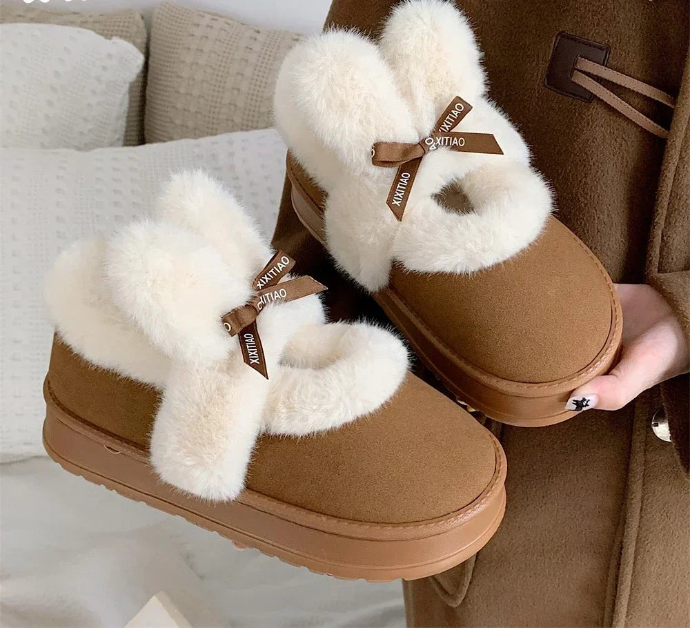 Women's Bowknot Snow Boots - Thick Platform Ankle Boots, Fur Warm