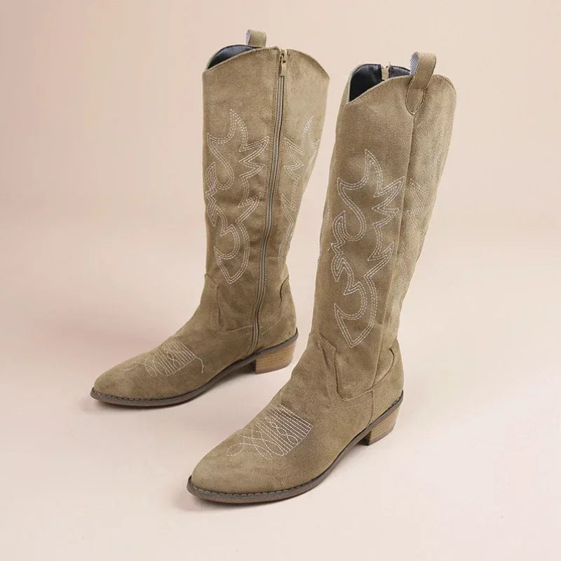 Embroidered Knee-High Western Boots