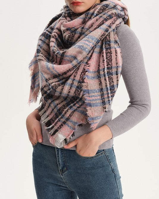 Checked Triangle Blanket Scarf With Frayed Trim